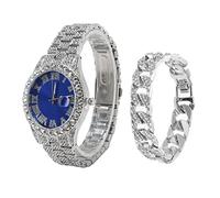 Sonew Stylish Silver Watch with Large Blue Dial, Rhinestone Accents, and Calendar Function for Elegant