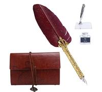 Sonew Vintage Feather Writing Pen Set with Stainless Steel Nib and Faux Leather Cover for Calligraphy and Drawing Art Craft Supplies (SP236906 gold wine red (gold box))