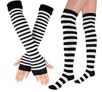 Song Qing Women Knitted Stretch Striped Socks Knee High Stockings Long Arm Warmer Fingerless Mitten Gloves
