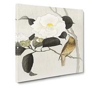 Songbird & Flowering Camellia by Ohara Koson Canvas Print | Gallery Wrapped 30mm Frame Wall Art | 14x14 inches | Ready to Hang | Modern Animals Picture | Living Room Bedroom Lounge Office
