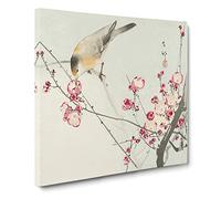 Songbird on a Blossom Branch by Ohara Koson Asian Japanese Canvas Wall Art Print Ready to Hang, Framed Picture for Living Room Bedroom Home Office Décor, 14x14 Inch (35x35 cm)