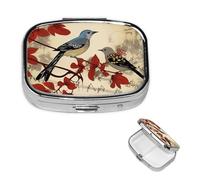 Songbirds Pill Box 2 Compartment Square Portable Pill Case for Pocket or Purse Pill Holder Weekly Pill Organizer Decorative Metal Medicine Vitamin Organizer Travel Gift