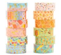 Songdao 12 Rolls Charming Washi Tape Set Gold Silver Foil Detailing Arts Adhesive Tapes Basic Patterns Decorative Masking Tape Sets for Craft, Kids, Scrapbook, DIY, Gift Wrapping (Whimsical Pastels)