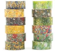 Songdao 12 Rolls Flowers Washi Tape Set Floral Arts Adhesive Tapes Splast Silver Decorative Masking Tape Sets for Craft, Kids, Scrapbook, DIY, Gift Wrapping (Verdant Glow)