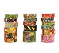 Songdao 15 Rolls Japanese Sakura Washi Tape Set, Traditional Kimono Decorative Masking Tapes with Gold Foil, Cherry Blossom Arts for Craft, Scrapbook, DIY, Gift Wrapping (4-Kyoto Dance Grace)