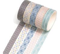 Songdao 5 Rolls Vintage Washi Tape Set, Geometric Pattern Masking Tape Aesthetic Decorative for DIY Crafts, Bullet Journal Supplies, Planners, Scrapbook, Card/Gift Wrapping (4-Indigo Classic)