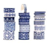 Songdao Blue & White Porcelain Washi Tape Set, Traditional Chinese Ceramic Pattern Decorative Masking Tapes, Oriental Art for Craft, Scrapbook, DIY, Gift Wrapping (2-Echoes of Blue/19 Rolls)