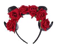 Songelt Christmas Halloween Cosplay Hair Accessories Ox Sheep Horn Headband Crown Artificial Rose Flower Gothic Retro Headdress Fashion Vintage Women Girls Crystal Rhinestone Wide Headband Non