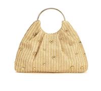 Songelt Fashionable Straw Bag Decorated With Beaded Accent And Round Handle Spacious Interior Handbag For Holiday Or Daily Use Round Handle Beach Bag With Bead Accent