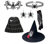 Songelt Halloween Witch Cape Costume With Witch Hat Eyemask Necklace Earrings Stocking For Girl Cosplay Party Carnivals Outfit