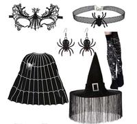 Songelt Halloween Witch Cape Costume With Witch Hat Eyemask Necklace Earrings Stocking For Girl Cosplay Party Carnivals Outfit