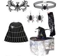 Songelt Halloween Witch Cape Costume With Witch Hat Eyemask Necklace Earrings Stocking For Girl Cosplay Party Carnivals Outfit