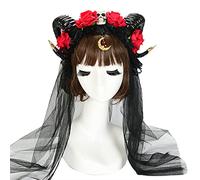 Songelt Handmade Ox Horn Headdress Skull Flower Veil Headband For Halloween Party Christmas For Creative Carnival Hair Accessori Handmade Flower Skull Headband