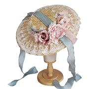 Songelt Headdress Elegant Flat Top Straw Hat With Chin Strap Cute Flower Hat Sweet Ruffle Lace Headwear Cosplay Headpiece Flat Top With Chin Strap