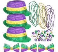 Songelt Mardi Gras Costume Accessories For Carnival Celebration Sequins Fedora Hat Bead Necklace Bowtie FatTuesday Decoration Mardi Gras Costume Women Men Accessory Set