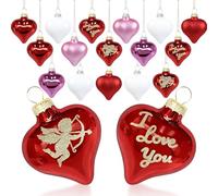 Songjum 16Pcs Valentine's Day Glass Heart Baubles Ornaments Red Pink White Hanging Heart Shape Baubles for Valentine's Day Wedding Anniversary Xmas Tree Hanging Decorations