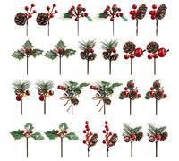 Songjum 24 Pcs Artificial Christmas Pine Picks Christmas Berries Artificial Stem with Pinecones Apples Bells Christmas Flower Picks for Christmas Tree Wreath Arrangement Winter Holiday Decor