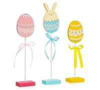 Songjum 3Pcs Wooden Bunny Egg Rabbit Tabletop Decoration Colorful Easter Tiered Tray Decor Easter Table Centerpiece Decor Block Sign for Spring Party Farmhouse Home Decorations