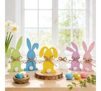 Songjum 6Pcs Easter Bunny Wooden Signs Colorful Rabbit Shape Tabletop Centerpieces with Jute Rope and Hairball Tail Spring Easter Wood Tiered Tray Decor for DIY Home Office Farmhouse(6 Colors)