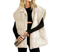 Songling Womens Oversized Puffer Vest Stand Collar Full Zip Sleeveless Bubble Puffer Vest Quilted Padded Warm Coat Outwear, Beige, M