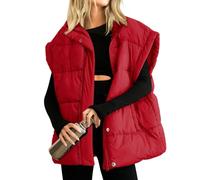 Songling Womens Oversized Puffer Vest Stand Collar Full Zip Sleeveless Bubble Puffer Vest Quilted Padded Warm Coat Outwear, Red, XL