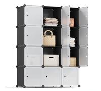 SONGMICS 12-Cube Storage Unit, Shoe Rack, Stackable Cubes, Plastic Closet Cabinet, Wardrobe, with Doors, for Bedroom, Office, Easy to Assemble, Black and White LPC34HV1