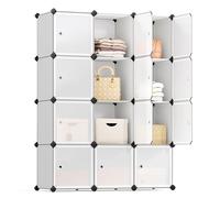 SONGMICS 12-Cube Storage Unit, Shoe Rack, Stackable Cubes, Plastic Closet Cabinet, Wardrobe, with Doors, for Bedroom, Office, Easy to Assemble, White LPC342W01
