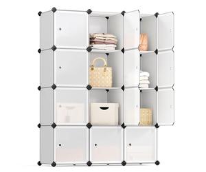 SONGMICS 12-Cube Storage Unit, Shoe Rack, Stackable Cubes, Plastic Closet Cabinet, Wardrobe, with Doors, for Bedroom, Office, Easy to Assemble, White LPC342W01