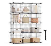 SONGMICS 12-Cube Wire Grid Storage Rack, Interlocking Shelving Unit | Metal Mesh Shelves, PP Plastic Sheets, for Books Shoes Clothes Plants, in Living Room, Ink Black, DAMION Collection LPI34H