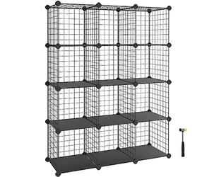 SONGMICS 12-Cube Wire Grid Storage Rack, Interlocking Shelving Unit with Metal Mesh Shelves and PP Plastic Sheets, for Books Shoes Clothes Tools, in Living Room Bathroom, Black LPI34H