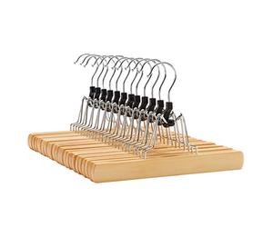 SONGMICS 12 Pcs Wooden Trouser Hangers Non-Slip Chrome Hook 360 Degree Rotating Natural CRW007-12