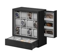 SONGMICS 12-Slot Wooden Watch Box, Watch Display Case with Window, Watch Display Cabinet with Solid Wood Veneer, Vertical Storage, Space Saving, Gift Idea, Ebony Black JOW014B01