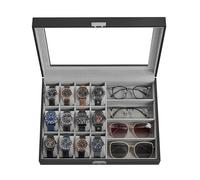 SONGMICS 12-Watch and 4-Sunglasses Box, Watch Organizer with Glass Lid | Watch Box with Glass Lid, PU Leather, 15.4 x 11.5 x 3.3 Inches, Gift Idea, Black and Gray, BRIDIE Collection UJWB112G01