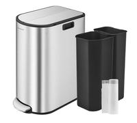 SONGMICS 13-Gallon Dual Kitchen Trash Can, 5.3 and 8 Gallon Compartments, Garbage Can with Wing Lids, Stainless Steel, Soft Close, Inner Buckets, Metallic Silver ULTB570E50