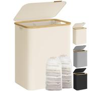 SONGMICS Laundry Basket with Lid, 2-Section Large Laundry Hamper, 130L, Removable Mesh Liner, Oxford Fabric, Bamboo Handles, Collapsible, 52 x 38.5 x 70.5 cm, Cream White LCB513W01