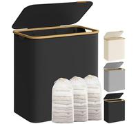 SONGMICS Laundry Basket with Lid, 3-Section Large Laundry Hamper, 150L, Removable Mesh Liner, Oxford Fabric, Bamboo Handles, Collapsible, 60 x 38.5 x 70.5 cm, Ink Black LCB515B01