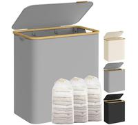 SONGMICS 150L Laundry Basket with Lid, Laundry Hamper with Bamboo Handles | Washing Basket for Bedroom, Bathroom, 3 Removable Mesh Liner, Collapsible, Oxford Fabric, Bamboo, Dove Grey, LCB515G01