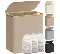 SONGMICS 150L Laundry Basket with Lid, Laundry Hamper with Bamboo Handles | Washing Basket for Bedroom, Bathroom, 3 Removable Mesh Liner, Collapsible, Oxford Fabric, Bamboo, Beige and Yellow,LCB515N02