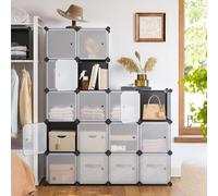 Songmics 16-Cube Diy Storage Organiser Unit, Plastic Closet Cabinet, Wardrobe, With Doors, For Clothes Shoes Toys Books, Grey