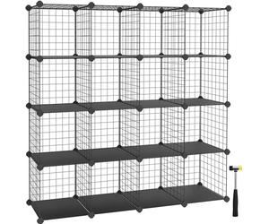 SONGMICS 16 Cube Metal Wire Storage Organiser, DIY Closet Cabinet and Modular Shelving Grids, Wire Mesh Shelves and Rack, Black LPI44H