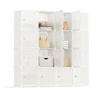 SONGMICS 16-Cube Storage Unit, Shoe Rack, Stackable Cubes, Plastic Closet Cabinet, Wardrobe, with Doors, for Bedroom, Office, Easy to Assemble, Cream White LPC443W01