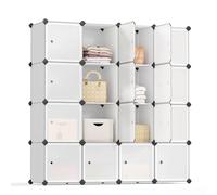 SONGMICS 16-Cube Storage Unit, Shoe Rack, Stackable Cubes, Plastic Closet Cabinet, Wardrobe, with Doors, for Bedroom, Office, Easy to Assemble, White LPC44BS