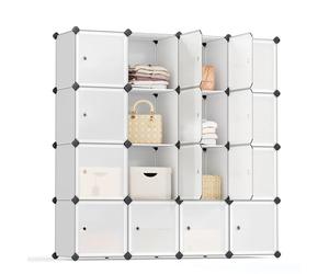 SONGMICS 16-Cube Storage Unit, Shoe Rack, Stackable Cubes, Plastic Closet Cabinet, Wardrobe, with Doors, for Bedroom, Office, Easy to Assemble, White LPC44BS