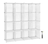 SONGMICS 16-Cube Wire Grid Storage Rack, Interlocking Shelving Unit | Metal Mesh Shelves, PP Plastic Sheets, for Books, Shoes, Clothes and Tools, White, DAMION Collection LPI44W