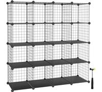 SONGMICS 16-Cube Wire Grid Storage Rack, Interlocking Shelving Unit | Metal Mesh Shelves, PP Plastic Sheets, for Books, Shoes, Clothes and Tools, Black, DAMION Collection LPI44H
