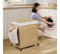 SONGMICS 2-Compartment Rolling Laundry Hamper Synthetic Rattan with Wheels in Natural SONGMICS Natural