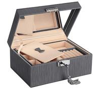 SONGMICS PU Jewellery Box 2 Tier Storage Box with Removable Hinged Travel Box with Mirror on Lid, Grey JBC232GY