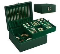 SONGMICS 2-Layer Jewellery Box, Jewellery Organiser with Handle, Removable Jewellery Tray, Jewellery Storage, Floating Effect, 20.5 x 24 x 11 cm, Gift Idea, Forest Green JBC165C01