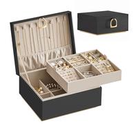 SONGMICS 2-Layer Jewellery Box, Organiser with Handle, Floating Effect | Jewellery Storage with Removable Tray, 23.9 x 20 x 11.2 cm, Gift Idea, Black, GREETA Collection JBC165B01
