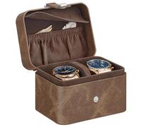SONGMICS 2-Slot Watch Travel Case, Watch Box for 2 Watches, Pillow with Hidden Storage, Adjustable Divider, Flap Pocket, 10.1 x 12 x 8.5 cm, Gift Idea, Brown Surface, Brown Lining JWB029KZ01